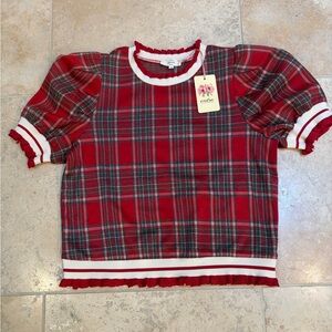 Entro Women’s Holiday Red Plaid Ruffle Blouse- NWT